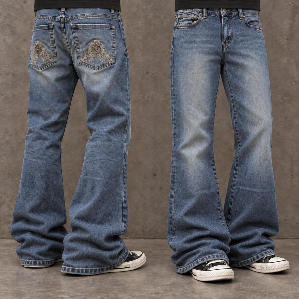 30x32 Blue Embroidered Wide Leg Bootcut Flared Jeans Y2K
